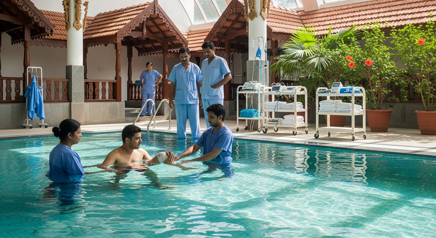 Hemophilia patient receiving aquatic hydrotherapy in indoor therapeutic pool at Kerala District Hospital with Indian physiotherapist supervising rehabilitation exercises