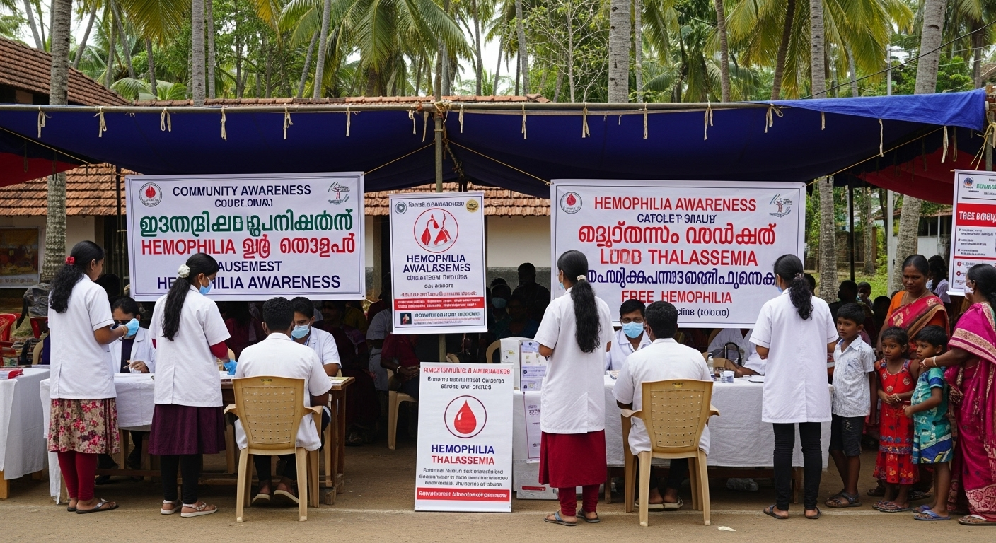 Hemophilia and thalassemia awareness camp in Kerala village with Indian healthcare workers conducting free health screening under tent canopies with coconut trees