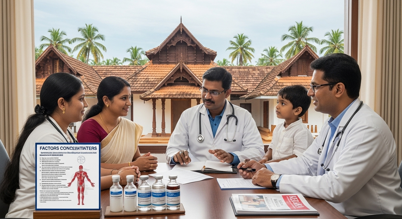 Indian doctors consulting Kerala family about hemophilia treatment with factor concentrate charts, traditional Kerala architecture with palm trees in background at District Hospital Aluva